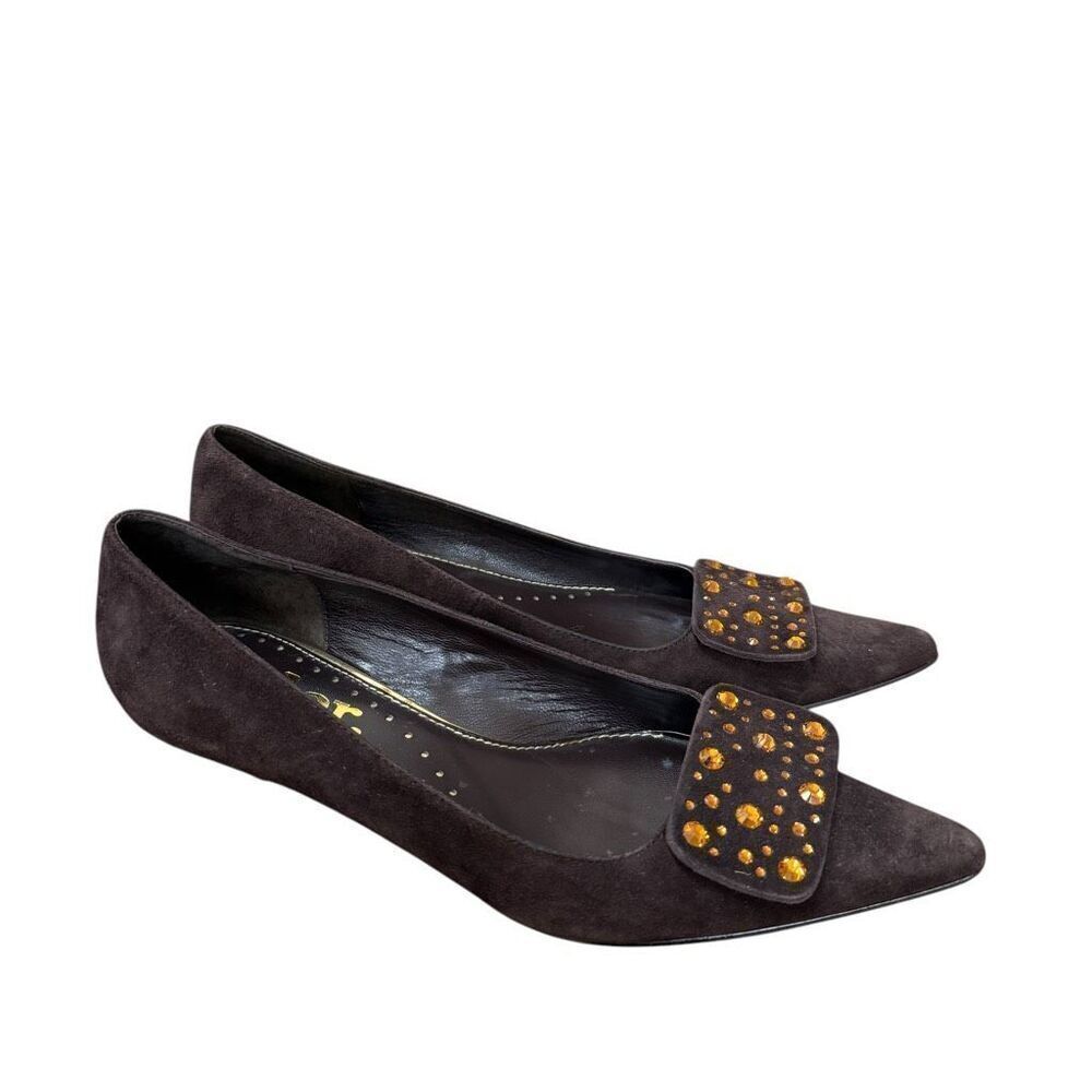 Richard Tyler brown suede kitten heel embellished shoes size 7.5